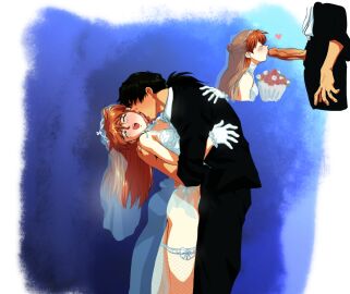 1boy age_difference amondetauro asuka_langley_sohryu black_hair blush bouquet breasts bridal_veil cleavage commentary corset erection female fishnet_thighhighs fishnets gloves heart highres kaji_ryouji kissing_penis licking licking_another's_neck lingerie low_ponytail male mature_male medium_breasts neon_genesis_evangelion orange_hair panties penis ponytail shirt sitting souryuu_asuka_langley straight suit thighhighs uncensored underwear veil veins veiny_penis what white_corset white_gloves white_panties white_shirt why?