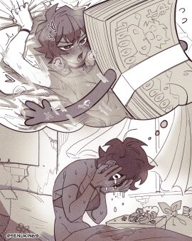 absurdres animate_object blush bra female greyscale heart heart-shaped_pupils highres lying monochrome nude on_back on_bed original oversized_object senukin sex short_hair speech_bubble symbol-shaped_pupils thought_bubble tongue tongue_out underwear