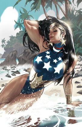 2d 2d_(artwork) amazon amazonian beach big_breasts black_hair breasts dc dc_comics diana_prince earrings edit edited female hair_on_shoulder hi_res highres hourglass_figure light_brown_skin muscles official_art poster seaside solo swimsuit tagme thick_thighs thighs wonder_woman wonder_woman_(series)