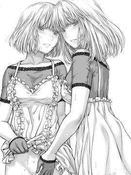 2girls blush bottomless clothes_lift commentary_request dress female fingering frills gloves grey_hair highres incest looking_at_viewer medium_hair monochrome multiple_females multiple_girls off-shoulder_shirt off_shoulder original parted_lips pussy pussy_juice shirt short_hair short_sleeves siblings skirt skirt_lift sweat takekawa_shin twins vaginal_penetration yuri