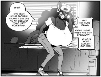 big_breasts breasts breasts_bigger_than_head caricature comic comic_page comic_panel dark-skinned_female dark_skin female glasses himiwako huge_breasts inconvenient_breasts macromastia massive_breasts necklace nose_piercing nose_ring speech_bubble text