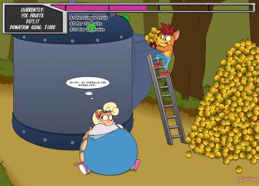 2024 activision anal anal_sex anthro bandicoot belly belly_expansion big_belly blush bottomwear clothing coco_bandicoot counter crash_(series) crash_bandicoot donation_drive duo expansion female food forest fruit hi_res huge_belly hyper hyper_belly inflation jungle jungle_background ladder liquid_inflation machine male mammal marsupial ohdeeriemay penetration plant sitting sitting_on_ground thought_bubble torn_bottomwear torn_clothing tree weight_gain worried wumpa_fruit