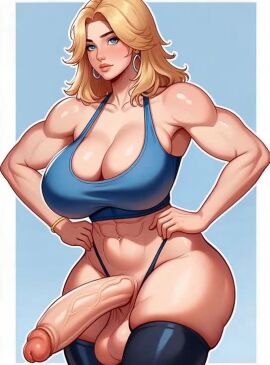 abs ai_generated aipixelporn armpits big_ass big_breasts big_penis blonde_hair blue_clothing fantastic_four futanari marvel marvel_comics sue_richards sue_storm tagme testicles thighhighs thong video