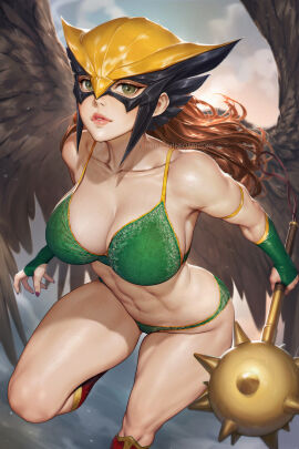 abs bra breasts brown_hair brown_wings cleavage cloud collarbone dc dc_comics english_commentary feathered_wings female green_bra green_eyes green_panties hawkgirl highres holding holding_mace holding_weapon large_breasts lips mace mask mixed-language_commentary neoartcore panties parted_lips patreon_username purple_nails sky solo spiked_mace spikes stomach thai_commentary underwear weapon wings
