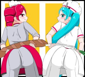 2d 2d_(artwork) 2girls artist_request ass big_ass blue_eyes blue_hair chef_hat chef_uniform clothed clothed_female clothing female hatsune_miku holding_food holding_object kasane_teto kasane_teto_(sv) obsolete_meat presenting presenting_hindquarters red_eyes red_hair showing_ass synthesizer_v twin_drills twintails utau vocaloid