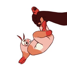 ashamed big_hands blush covering covering_crotch covering_pussy cuntboy dandy's_world embarrassed hanging intersex male male_focus male_only orange_body pink_body pussy shrimpo_(dandy's_world) size_difference sprout_(dandy's_world) surprised suspension twisted_sprout_(dandy's_world) upside-down white_body yani_yugos