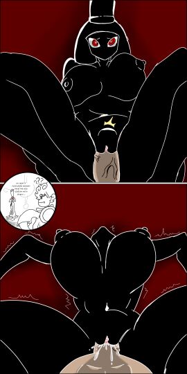 1girls 2boys artist_request bed bedroom big_breasts black_body black_clothing blush breasts crown cum cum_in_pussy cum_inside female female_focus flashback heart-shaped_pupils imu_(one_piece) male monkey_d_luffy one_piece orgasm pov pussy queen red_eyes sex thick_thighs veil