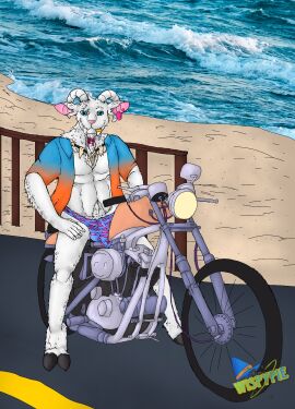 anthro beach belly_tuft bikini_thong biped blue_eyes bone bovid bulge caprine chest_tuft clothed clothing cloven_hooves detailed_bulge digital_media_(artwork) ear_piercing ear_ring fangs fur genital_outline goat gradient_shirt hi_res hooves horn jewelry looking_at_viewer male male_anthro mammal motorcycle necklace open_clothing open_shirt open_topwear pattern_clothing pattern_underwear penis penis_outline piercing pupils ring_piercing road robyn_crawford shirt sitting solo swimwear teeth thong topwear tuft underwear unguligrade unusual_anatomy unusual_eyes unusual_pupils vampire vehicle were white_body white_fur wispypie