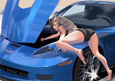 blonde_hair bloomers car feet mechanic naked_legs piper_wheel zarkua_exe zenless_zone_zero zzz
