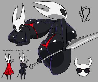 2023 2_horns anthro arthropod artist_logo artist_name ass belly big_ass big_butt black_belly black_body black_breasts black_eyes black_legs black_neck black_skin black_text blush breasts cloak clothed clothing colored digital_drawing_(artwork) digital_media_(artwork) duo eyewear featureless_crotch female glistening glistening_body glistening_breasts glistening_butt glistening_skin grey_background grey_nipples harvestman_here hi_res holding_object holding_weapon hollow_knight horn hornet_(hollow_knight) insects logo looking_at_another looking_at_butt looking_at_viewer looking_back lying nail_(weapon) nipples nude on_front red_cloak red_clothing red_thong red_underwear signature simple_background standing sunglasses team_cherry text the_knight_(hollow_knight) thick_thighs thong underwear weapon weapon_on_back