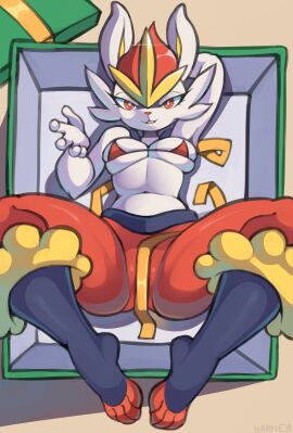 1girls 2023 artyarney bra breast_squish breasts bunny bunny_ears bunny_girl cheek_tuft christmas cinderace eyelashes female female_only furry furry_only generation_8_pokemon gift half-closed_eyes hand_behind_head holidays lagomorph looking_at_viewer medium_breasts navel orange_eyes orange_hair pokemon pokemon_(species) pokemon_ss pokémon_(species) pov pov_eye_contact reaching_towards_viewer ribbon signature spread_legs teeth white_body white_fur