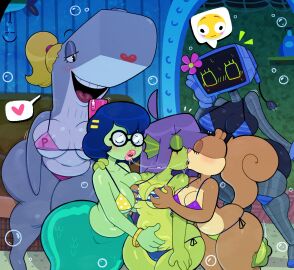5girls absurd_res after_kiss anthro belly_grab big_breasts bikini blonde_hair blue_skin bodily_fluids breasts cetacean chubby chubby_female closed_eyes clothing computer curled_tail curvy_female curvy_figure eelie_applebottom electronics eyelids fan_character female female/female fin fish fish_tail freckles french_kiss green_body green_skin grey_body grey_skin group hair head_fin hi_res humanoid humanoid_on_anthro interspecies karen_plankton kissing lesbian lips lipstick machine makeup mammal marine merfolk mermaid multiple_females multiple_girls nickelodeon nickelodeon_movies paramount_pictures pearl_krabs plump ponytail princess_mindy red_lipstick robot robot_humanoid rodent saliva saliva_string saliva_trail sandy_cheeks sciurid screen screen_face slightly_chubby slightly_chubby_anthro slightly_chubby_female somescrub sperm_whale split_form spongebob_squarepants spongebob_squarepants_(series) squirrel swimwear tail the_spongebob_squarepants_movie thick thick_thighs tongue_kiss toothed_whale tree_squirrel two-piece_swimsuit underwater united_plankton_productions voluptuous voluptuous_female whale wide_hips yuri