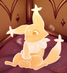 animal_genitalia balls bichi_(furality) blush canid chest_tuft detailed_background digital_media_(artwork) erection featureless_feet featureless_limbs feet feral fur gay gay_male genitals glowing glowing_body homosexual homosexual_male knot knotted_penis lying male mammal masturbation on_back penis pillow rymherdier signature solo solo_male spread_legs spreading tail tuft vrchat yellow_body yellow_eyes yellow_fur