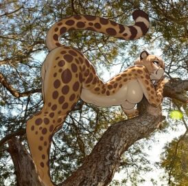 ai_generated anthro ass bent_over blonde_hair breasts cheetah climbing felid feline female fur furry golden_eyes hair hi_res looking_away low-angle_view mammal medium_breasts nude nude_female plant short_hair solo spots spotted_body spotted_fur standing tail tan_body tan_fur tree under_boob