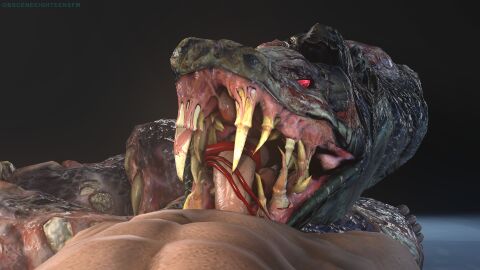 abs absurd_res ambiguous_gender anthro big_fangs big_penis capcom dominant duo fangs feet fellatio first_person_view foreskin forked_tongue genitals hi_res huge_cock human humanoid_genitalia lying mammal monster obsceneeighteensfm on_back oral penile penis red_eyes red_tongue reptile resident_evil scalie sex sharp_teeth snake teeth toes tongue uncircumcised