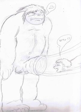 balls belly bigbadbear dialogue duo feet foreskin genitals graphite_(artwork) hair heart_symbol hi_res human human_on_humanoid human_prey humanoid humanoid_pred imminent_cock_vore imminent_vore interspecies male male/male mammal navel nude nude_humanoid nude_pred ogre one_eye_closed open_mouth penis simple_background size_difference smile speech_bubble teeth traditional_media_(artwork) uncircumcised vore white_background wink winking_at_another