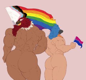 absurd_res animal_mask avian bird bluebird demitiger1 eastern_bluebird fatal_fury flag hi_res humanoid lgbt_pride male male/male mask muscular muscular_male neptune_mereaux oscine passerine pride_color_flag pride_colors size_difference sports_mask sportswear thrush_(bird) tizoc wrestler wrestling_mask wrestling_outfit