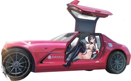 alternate_costume ass azur_lane black_background black_footwear black_hair black_thighhighs boots breasts car cg character_name checkered_clothes cleavage clothing_cutout crossed_legs dupleix_(azur_lane) dupleix_(final_check)_(azur_lane) female full_body gloves hair_between_eyes high_heel_boots high_heels highleg highleg_leotard holding large_breasts leotard license_plate logo long_hair long_sleeves looking_at_viewer motor_vehicle official_alternate_costume official_art product_placement race_queen race_vehicle racecar shrug_(clothing) simple_background sitting skindentation solo sports_car tablet_pc thigh_boots thighhighs thighs underboob vehicle_focus