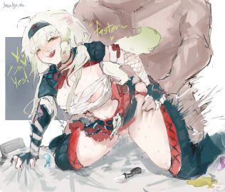 1boy 1girls ahoge animal_ears areola_slip armor bandaged_arm bandaged_chest bandages boby_069 breasts clothed_female_nude_male condom cum cum_on_breasts cum_on_face doggy_style duo english_text female female_ejaculation female_focus ferret_ears ferret_girl ferret_tail fishnet_gloves fishnets gloves gradient_hair gradient_tail green_eyes green_hair green_tail guided_thigh_grab hair_between_eyes hairband heart highres indie_virtual_youtuber internal_cumshot laimu looking_back male monster_hunter monster_hunter_(character) motion_blur motion_lines multicolored_hair multicolored_tail nargacuga_(armor) nipple_slip nipples nude on_bed open_mouth penetration scale_armor sex sex_from_behind size_difference smug snuzby_nw spread_legs squirting sweat tail thigh_grab thighhighs torogao twintails two-tone_hair two-tone_tail used_condom virtual_youtuber vtuber white_hair