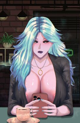 1girls absurd_res absurd_resolution absurdres alternate_version_available areola areola_peek areola_slip areolae areolae_peeking areolae_slip bare_breasts bedroom_eyes big_breasts biting_lip biting_own_lip black_clothing black_sclera black_shirt blue_hair blush blush_lines blushing_at_viewer breast_focus breasts breasts_focus busty cleavage coffee coffee_shop coffee_talk curvaceous curvy curvy_female curvy_figure date date_pov exposed_breasts eye_contact female female_focus female_only glistening glistening_body glistening_breasts glistening_skin half-closed_eyes hi_res high_resolution highres holding_object holding_phone horny horny_female huge_breasts jewelry kanzatitties large_breasts light-skinned_female light_skin lip_biting lipstick long_hair looking_at_viewer multicolored_hair narrowed_eyes necklace nipples open_shirt pink_areolae pink_nipples pov pov_eye_contact purple_lipstick riona_sheerin_(coffee_talk) seductive seductive_look seductive_mouth shiny shiny_breasts shiny_skin solo solo_female solo_focus table tagme two-tone_hair voluptuous voluptuous_female