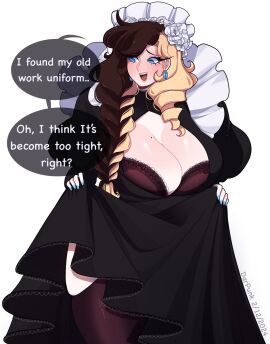 ahoge barely_contained_breasts belly belly_folds big_breasts big_hips black_dress blonde_female blonde_hair blue_eyes boob_squish boobs_bigger_than_head bra breast_expansion breast_growth breast_growth_(enlargement) breast_squish breasts breasts_bigger_than_head chubby chubby_female cleavage cowlick curvy curvy_body curvy_female curvy_figure curvy_hips daniela_vaps darpunk dialogue dress dressed dye dyed_hair earring earrings fancy_clothing fancy_dress female hips hips_wider_than_shoulders jewelry jpeg mole mole_on_breast necklace nervous nervous_expression nervous_face nervous_female nervous_smile nervous_sweat oc original original_character ring tagme text tight_clothes tight_clothing tight_dress tight_fit visible_bra voluptuous voluptuous_female