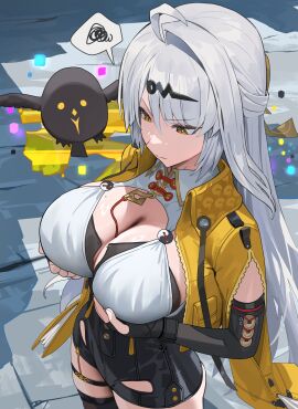 1girls bird black_bird black_gloves breasts cleavage closed_mouth commentary_request female fingerless_gloves from_above gloves grabbing_own_breast high-waist_shorts highres hood_(james_x) hood_x_art jacket large_breasts long_hair looking_down mole mole_on_breast shorts solo spoken_squiggle squiggle white_hair yellow_eyes yellow_jacket yin_yang_pin yixuan_(zenless_zone_zero) yunkui_summit zenless_zone_zero