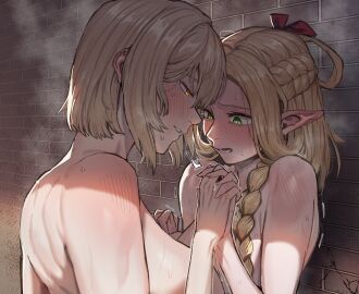 2girls bathing bathroom blonde_hair blush braid breasts closed_eyes closed_mouth couple dungeon_meshi elf falin_touden fanon_couple female green_eyes hair_around_ear highres holding_hands kugara4423 long_hair marcille_donato multiple_females multiple_girls open_mouth pointy_ears same-sex_bathing shared_bathing short_hair showering smile tile_wall tiles yuri