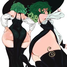 absurdres ass ass_focus bare_shoulders black_dress black_thighhighs breasts curly_hair dress female frills from_behind from_below green_eyes green_hair hands_on_own_hips hat highres huge_ass long_sleeves looking_at_viewer medium_hair multiple_views no_panties off_shoulder one-punch_man pelvic_curtain short_hair side_slit simple_background small_breasts tatsumaki thick_thighs thighhighs thighs white_background whoopsatro wide_hips witch_hat