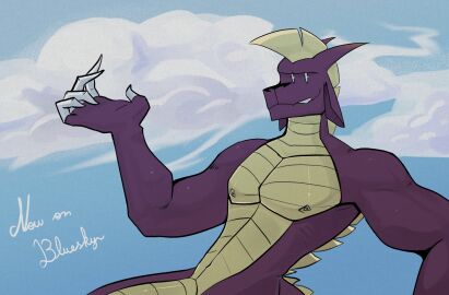 2023 5_fingers advertisement anthro back_spikes barely_visible_genitalia barely_visible_penis big_penis black_nose claws cloud dracks dracks_(dracks) dragon english_text erection european_mythology finger_claws fingers genitals hi_res male muscular muscular_anthro muscular_arms muscular_male mythological_creature mythological_scalie mythology nipples nude penis purple_body purple_skin purple_tail scalie sky smile smirk solo spiked_tail spikes spikes_(anatomy) tail teeth text western_dragon yellow_body yellow_penis yellow_skin