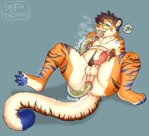 anal anal_masturbation anthro anus ass balls claws enjoying_farts fart fart_fetish fart_tubes farting farting_in_mouth felid furry gassy genitals hi_res male mammal masturbation pantherine pawpads penile_spines penis slightly_chubby smelling_own_farts smelly solo thick_thighs tiger y32010g