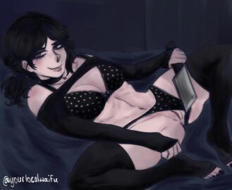 ashley_graves beckoning black_hair black_legwear black_nail_polish black_nails bra bra_strap choker crazy_bitch crazy_female dimly_lit female inviting inviting_to_sex knife laying_down laying_on_back laying_on_bed legs legs_apart legs_spread legwear long_sleeves matching_underwear panties panties_aside pink_eyes polka_dot_bra polka_dot_panties ponytail pussy pussy_lips pussy_peek shirt_up smile smiling_at_viewer smirk smirking_at_viewer the_coffin_of_andy_and_leyley thick_thighs thigh_highs thighhighs thighs thin_female thin_waist toes yourlocalwaifu