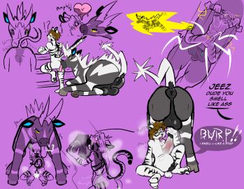 absurd_res all_fours anal anal_sex animal_genitalia animal_penis anthro anus ass belly_riding big_belly blue_inner_ear blush bodily_fluids burping butt_lick cum cum_burp cum_from_nose cum_in_ass cum_in_nose cum_in_throat cum_inside cum_on_tongue deepthroat duo_focus english_text equine_genitalia equine_penis eye_roll eyewear felid fellatio feral french_kissing gay genital_fluids genitals glasses grey_nose group heart_eyes heart_symbol hi_res horsecock inflation irrumatio kinkykeroro kissing kneeling licking looking_at_another looking_at_partner looking_at_viewer looking_away male male/male mammal melchior_leonall naked narrowed_eyes nintendo nude open_mouth oral oral_penetration pantherine penetration penile penile_penetration penis penis_in_ass pokemon pokemon_(species) pokémon_(species) purple_background rectangular_glasses rimming sex simple_background sound_effects speech_bubble stomach_bulge stomach_riding stripes text tiger tongue trio white_stripes yellow_sclera zebstrika