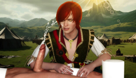 3d cd_projekt_red clothing cum cum_on_face cumshot female freckles light-skinned_female light-skinned_male light_skin looking_at_viewer male mascara necklace penis ratounador red_hair shani short_hair the_witcher_(series) the_witcher_3:_wild_hunt