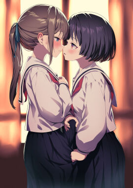 1futa 1girls absurdres ayanakitori big_penis black_hair blue_eyes blush breasts brown_hair bulge clothed clothing crotch_grab dialogue duo erection erection_under_clothes eye_contact female fully_clothed futa_on_female futa_with_female futanari handjob handjob_over_clothes highres human imminent_kiss intersex japanese_text light-skinned_female light-skinned_futa light_skin looking_at_another masturbation multiple_females multiple_girls original penis red_eyes sailor_collar school_uniform short_hair text textless_version