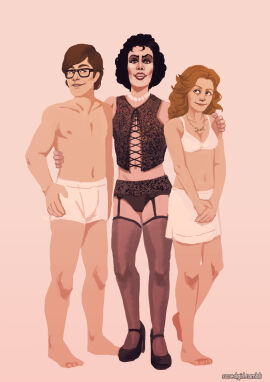 10s 2015 5_fingers 5_toes accurate_art_style arm_around_partner artist_website bare_chest barefoot bisexual bisexual_female bisexual_male black_glasses black_hair brad_majors brown_hair digital_drawing_(artwork) digital_media_(artwork) dr_frank-n-furter eyeliner female glasses hand_behind_back hand_on_hip hi_res high_heels high_resolution highres holding_own_hand human janet_weiss lipstick makeup male male/female male/male mmf_threesome navel necklace necklaces on_model panties pink_background poster red_lipstick rocky_horror_picture_show scredgirl short_hair simple_background threesome underwear_only white_bra white_panties white_underwear wholesome wholesome_topless