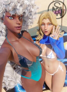 2girls beach bikini blender blender_(software) blonde_hair dark-skinned_female invisible_woman invisible_woman_(marvel_rivals) light-skinned_female looking_at_viewer marvel marvel_comics marvel_rivals middlemansfm ororo_munroe selfie storm_(marvel_rivals) storm_(x-men) susan_storm swimsuit white_hair x-men