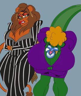 alligator anthro big_breasts boss braid breasts brown_hair cougar feline female francesca_badassano gold_tooth high_heels lion lioness lipstick luhyzi mafia mane martha_lovebottom mrblack1986 older_female puckered_lips red_hair smooch thick_bottom_lip tight_clothes