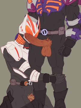 2boys ace_ukiyo armor armored_male balls belt big_balls big_penis bodysuit buffalo claws erect_penis erection fox fox_ears gay gay_sex hand_on_legs hand_on_neck holding_legs holding_neck imminent_sex kamen_rider kamen_rider_buffa kamen_rider_geats kamen_rider_geats_(series) kitsune male male_focus male_only mask masked masked_male michinaga_azuma on_knees orange_claws penis penis_covering_face penis_out purple_armor rasnight red_eyes ripped_bodysuit tanned tanned_skin torn_bodysuit unseen_male_face white_armor yaoi