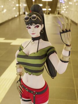 1girls 3d big_breasts black_hair breasts choi_bounge cosplay costume dark_hair earrings female genderswap genderswap_(mtf) glasses glasses_on_head gloves king_of_fighters legwear light-skinned_female light_skin necklace pale-skinned_female pale_skin ponytail red_eyes round_glasses rule_63 shirt shorts skyarsenic smile tall tall_female thin_waist tied_hair