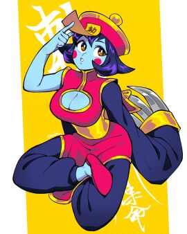 1girls 333_(dqqqdle) amber_eyes capcom cheek_spots chinese_clothes claws cleavage_cutout crossed_legs darkstalkers female female_only flats hi_res hsien_ko jiangshi lei-lei lei_lei ofuda ofuda_on_head purple_hair qing_guanmao sitting solo