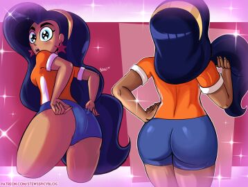 1girls 2025 2d ass back_view big_ass blue_eyes bottomwear bottomwear_pull cartoon_network cartoon_network_studios clothed clothed_female color dark-skinned_female dark_skin dc dc_comics dc_super_hero_girls diana_prince diana_prince_(shg) earrings female female_only full_color gym_clothes long_hair non-nude patreon_url patreon_username rear_view shorts solo solo_female star_earrings stewsspicyblog