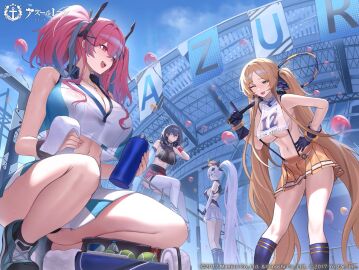 4girls azur_lane bare_shoulders big_breasts blonde_hair blush breasts bremerton_(azur_lane) bremerton_(scorching-hot_training)_(azur_lane) cleavage commentary_request crop_top crop_top_overhang eagle_union_(azur_lane) female green_eyes grey_hair hair_between_eyes hair_intakes hair_ornament holding holding_racket hornet_(azur_lane) hornet_(cheering_justice!)_(azur_lane) jeze kearsarge_(azur_lane) large_breasts light-skinned_female light_skin long_hair low_twintails miniskirt multicolored_hair multiple_females multiple_girls no_mole oblivious_sexualization official_alternate_costume open_mouth orange_skirt pink_hair pittsburgh_(azur_lane) ponytail racket red_eyes second-party_source shirt skirt smile sportswear streaked_hair suspender_skirt suspenders tennis_racket tennis_uniform twintails two-tone_shirt two-tone_skirt underboob very_long_hair white_hair white_shirt wholesome x_hair_ornament