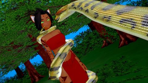 coiled_up coiling_around_body dark_skinned_female exposed_midriff femsub happy_trance hypnosis hypnotic_eyes jungle_girl kaa_eyes koikatsu mind_control perfect_idiot rwby sienna_khan snake snake_coil wrapped_up