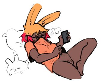 2021 5_fingers animal_humanoid bottomless breasts brown_body brown_ears brown_face brown_skin clothed clothing derpyfox_36 digital_drawing_(artwork) digital_media_(artwork) eyewear female female_humanoid fingers glasses hair holding_object humanoid lagomorph lagomorph_humanoid leporid_humanoid lying mammal mammal_humanoid multicolored_hair on_back orange_ears orange_hair pillow plushie pubes rabbit_ears rabbit_humanoid red_hair resso_(derpyfox_36) round_glasses shirt shirt_only shirt_over_face simple_background solo topwear topwear_only two-tone_hair wearing_glasses white_background