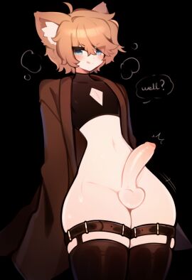 2025 big_butt big_thighs black_background blue_eyes blush blushing_at_viewer brown_hair bubble_text cat_ears catboy coat coat_on_shoulders cute cute_face english_text femboy human humanoid katsucoffee knee_high_socks knee_socks light-skinned_male long_penis looking_at_viewer male no_panties no_pants no_underwear penis suspenders tongue topwear