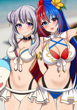 2girls alear_(female)_(seaside_dragon)_(fire_emblem) alear_(fire_emblem) alear_(fire_emblem)_(female) alternate_costume alternate_hairstyle bare_shoulders big_breasts bikini black_hair blue_bikini blue_eyes blue_hair blush breasts choker cleavage crossed_bangs female fire_emblem fire_emblem_engage fire_emblem_heroes flower grey_hair hair_flower hair_ornament heterochromia high_res long_hair looking_at_viewer medium_breasts multicolored_clothes multicolored_hair multiple_females multiple_girls navel nintendo official_alternate_costume official_alternate_hairstyle open_mouth outside ponytail purple_eyes red_bikini red_eyes red_hair siblings sisters smile split-color_hair swimsuit tara_(szzj7733) two-tone_hair very_long_hair veyle_(fire_emblem) white_bikini