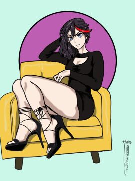 1girls artist_signature black_dress black_hair blue_eyes boob_window breasts cleavage cleavage_cutout female female_only fully_clothed high_heels ironsiderodger kill_la_kill legs light-skinned_female light_skin matoi_ryuuko open_toe_shoes red_strand_of_hair sitting sitting_on_chair solo