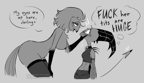 2girls anthro aristocrat aroused avian avian_demon beak bird blitzo_(helluva_boss) breasts claws clothing demon dialogue duo english_text eyelashes feather_hair feathers female female/female female_blitzo female_only female_stolas fishnet_clothing fishnet_handwear genderswap genderswap_(mtf) handwear helluva_boss horn imp legwear monochrome nipples nude nude_anthro nude_female owl owl_demon pseudo_hair rule_63 seductive shirt speech_bubble stolas_(helluva_boss) tail tail_feathers text third-party_edit thought_bubble topwear xpurplepiex