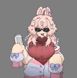 1girls aged_up ahoge animal_ears blue_bow bow braid breasts can cigarette drink_can energy_drink female h@nk hair_ornament hairbow heart heart_hair_ornament highres holding holding_can large_breasts light-skinned_female light_skin long_hair looking_at_viewer mature_female milf monster_energy monster_energy_zero_ultra open_mouth pajamas phase_connect phase_origins pink_hair pink_pajamas pipkin_pippa pipkin_pippa_(1st_costume) rabbit_ears rabbit_girl rabbit_hair_ornament rabbit_ornament red_sweater sleeves_past_fingers sleeves_past_wrists smile solo sunglasses sweater turtleneck turtleneck_sweater virtual_youtuber