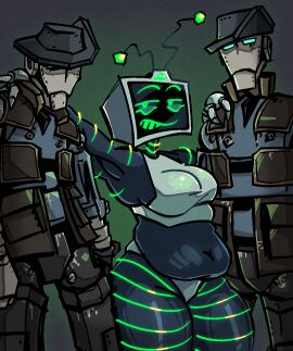 1girls 2boys 2d 2d_(artwork) 3_fingers antennae armpits arms_up ass bare_shoulders bare_thighs belly_button big_ass big_belly big_breasts blue_eyes breasts chubby clothed colored_sketch computer computer_monitor crop_top dark_background digital_media_(artwork) female fully_clothed genderswap genderswap_(mtf) glowing_eyes gr33nn3zd green_eyes grin hand_on_another's_shoulder hat humanoid looking_at_viewer male metallic_body monitor_head navel object_head omegatronic robot robot_girl robot_humanoid rule_63 screen_face screen_head shitpost sketch sleeveless smile smiling smiling_at_viewer sniper_bot standing team_fortress_2 teeth tummy